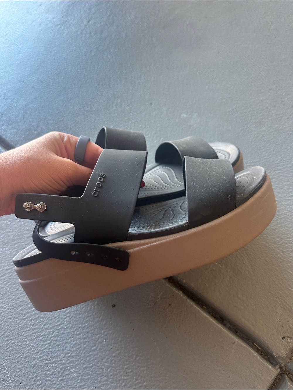 CROCS Black Strappy Platform Sandal with Tan Sole